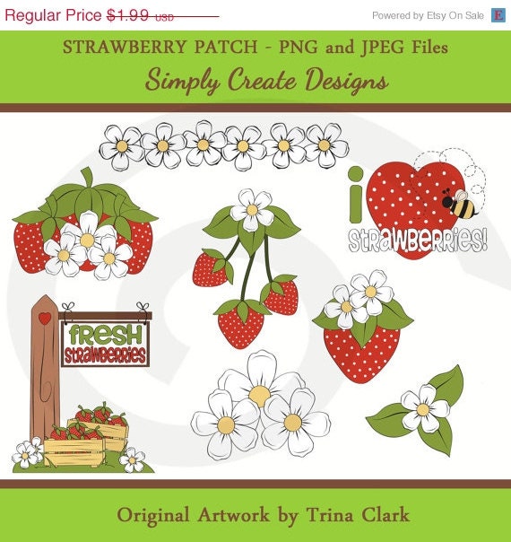 SALE Strawberry Patch Clipart Flowers Clip Art Commercial and Personal Use Il_570xn