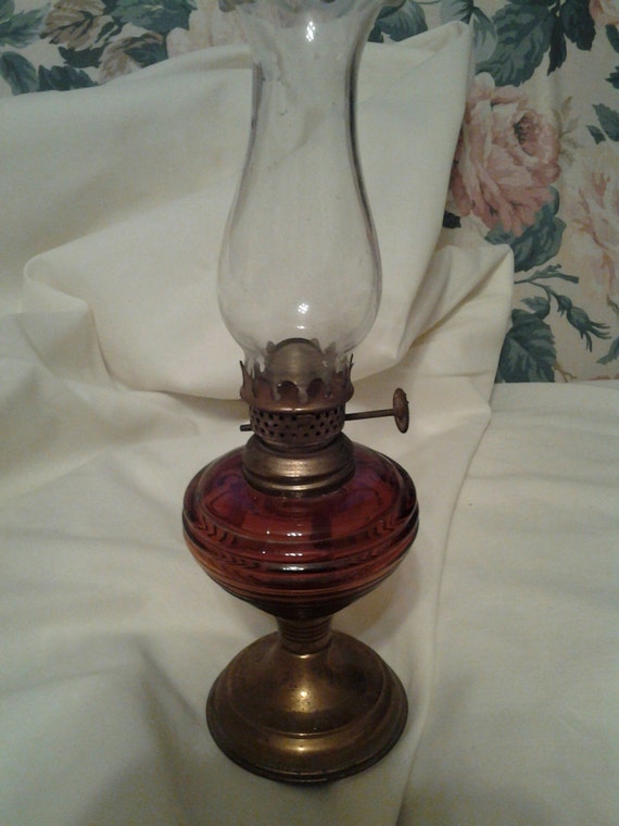 Oil Hurricane Lamp Small Ribbed Amber Color Glass Globe with