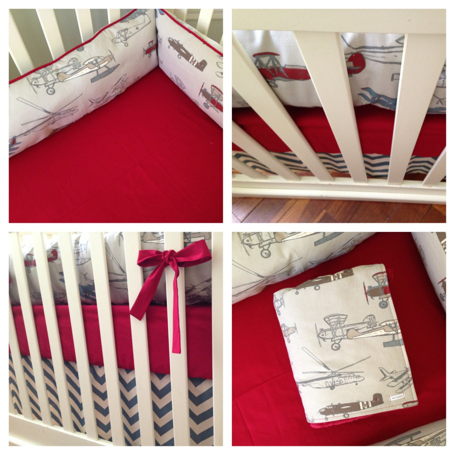 Vintage Airplanes and Denim Chevron Crib Bedding