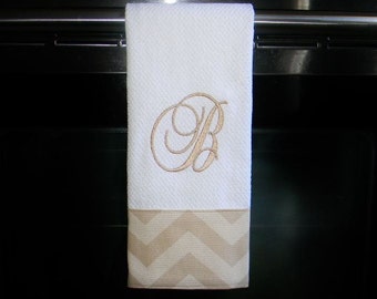 Monogrammed Kitchen Towel or Hand Towel in Khaki and Natural Chevron | Housewarming Gift | Hostess Gift | Gifts for Her | Wedding