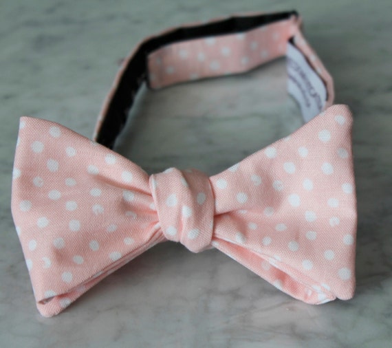 Bowtie In Peach Polka Dots Clip On Pre Tied With Strap Or