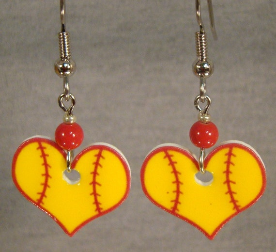 Softball heart Dangle Earrings Drop Earrings by afanaffair