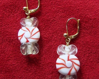 CHRISTMAS EARRINGS - Lampwork Glass - Wrapped Peppermint Candies - Secure Leverback Wires - Can Convert to Clip-ons.