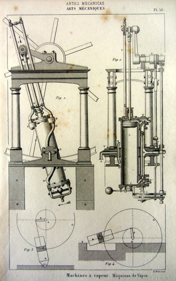 1852 Antique parts STEAM ENGINE print original by LyraNebulaPrints