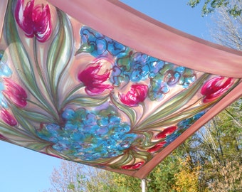Wedding Chuppah, Hand Pinted Silk Chuppah with watercolory Tulips and Violets and a Mauve/Clay Colored Border Forming a Painterly Mandala