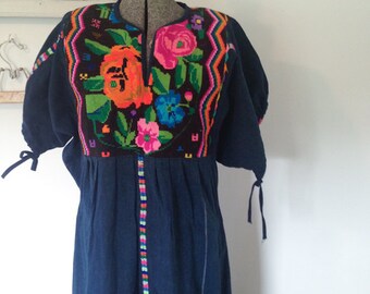 Embroidered Floral Heavy Denim Maxi Dress Vintage