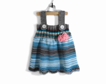 Knitted Baby Dress - Blue and Gray, 2 - 3 years