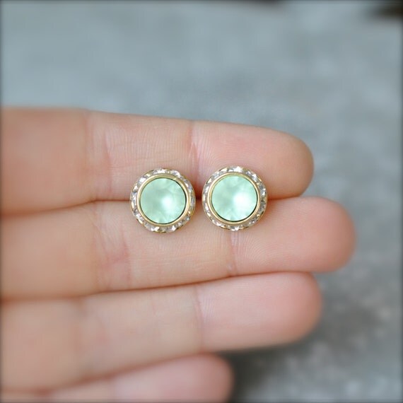Mint Green Stud Earrings Swarovski Crystal Frosted by MASHUGANA