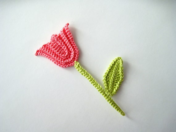 Crocheted Tulip with Stem and Leaf, Flower, Applique