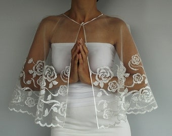 Silver Gilded Tulle Bridal Cape, Sparkly Wedding Cape Dress Capelet, Shrug. Handmade
