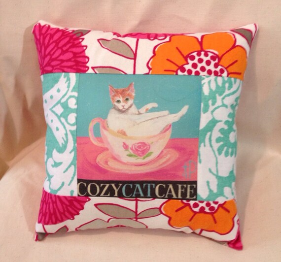 Items similar to Cozy  cat  cafe  quilted colorful pillow on Etsy