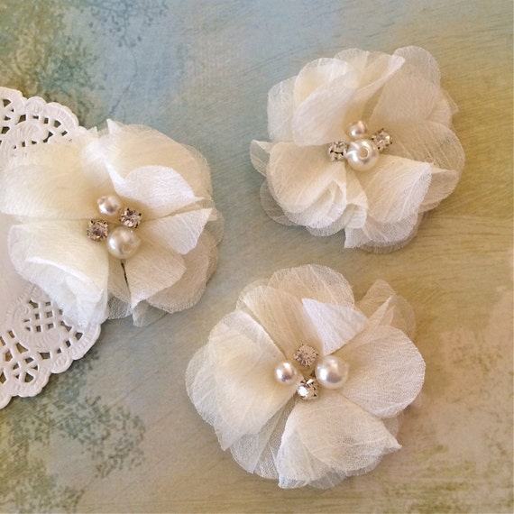 Cream Mini Chiffon Flowers with rhinestones & pearl centers