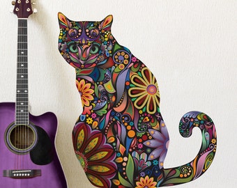 Sitting Cat Wall Sticker - Repositionable Floral Cat Wall Decal