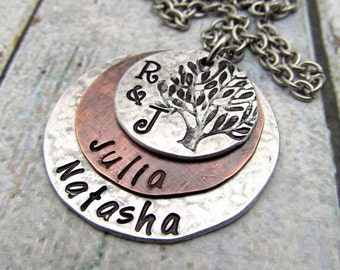 Family Tree Necklace - Personalized Necklace - Mom Necklace - Hand Stamped Jewelry - Mixed Metal Necklace - Personalized Tree Of Life