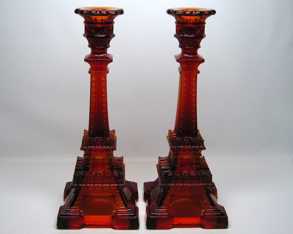 pair of glass EIFFEL TOWER candle holders red amberina antique