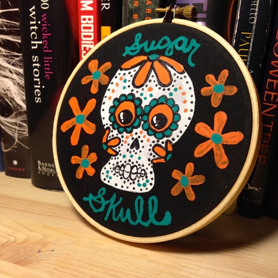 Sugar Skull Hoop Art in Teal and Orange