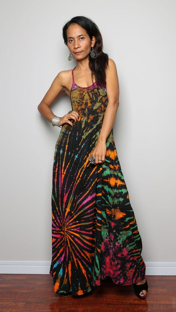Spandex Hippie Tie-Dye Sleeveless Strechtable Bohemian Shift Maxi Tank Dress