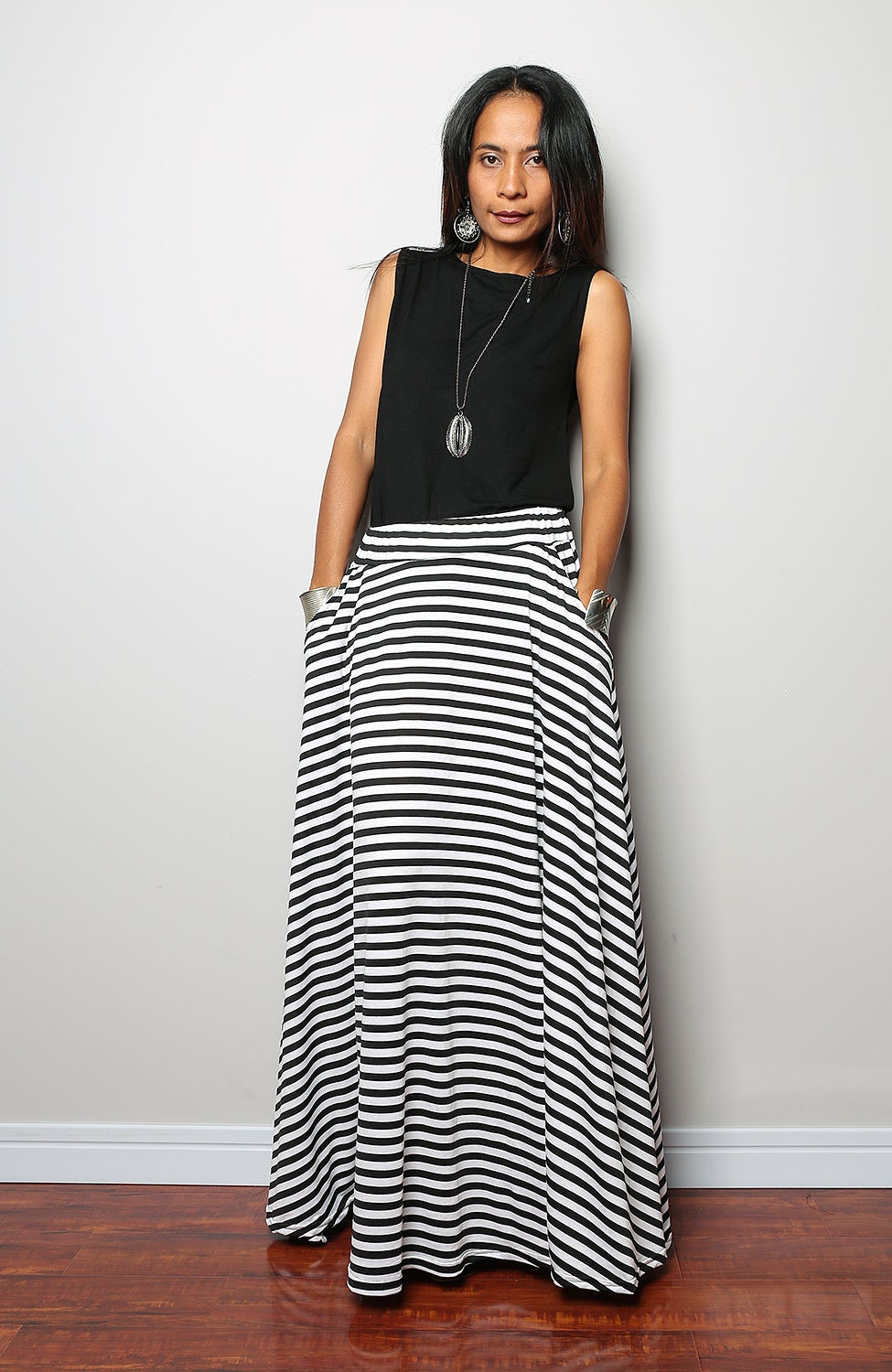 Striped skirt / Maxi Skirt Long Black and White Skirt by Nuichan