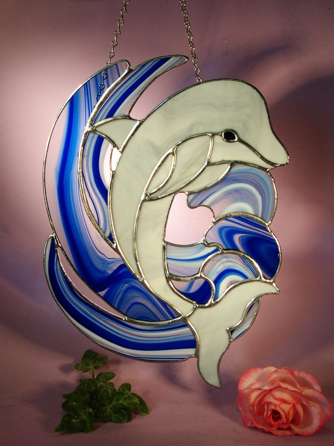 Stained Glass Suncatcher Dolphin Playing in the Waves 431