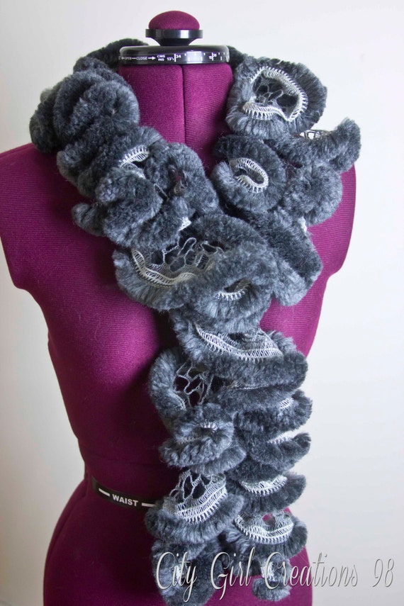 Gray Arctic Faux Fur Ruffle Scarf Ready to Ship