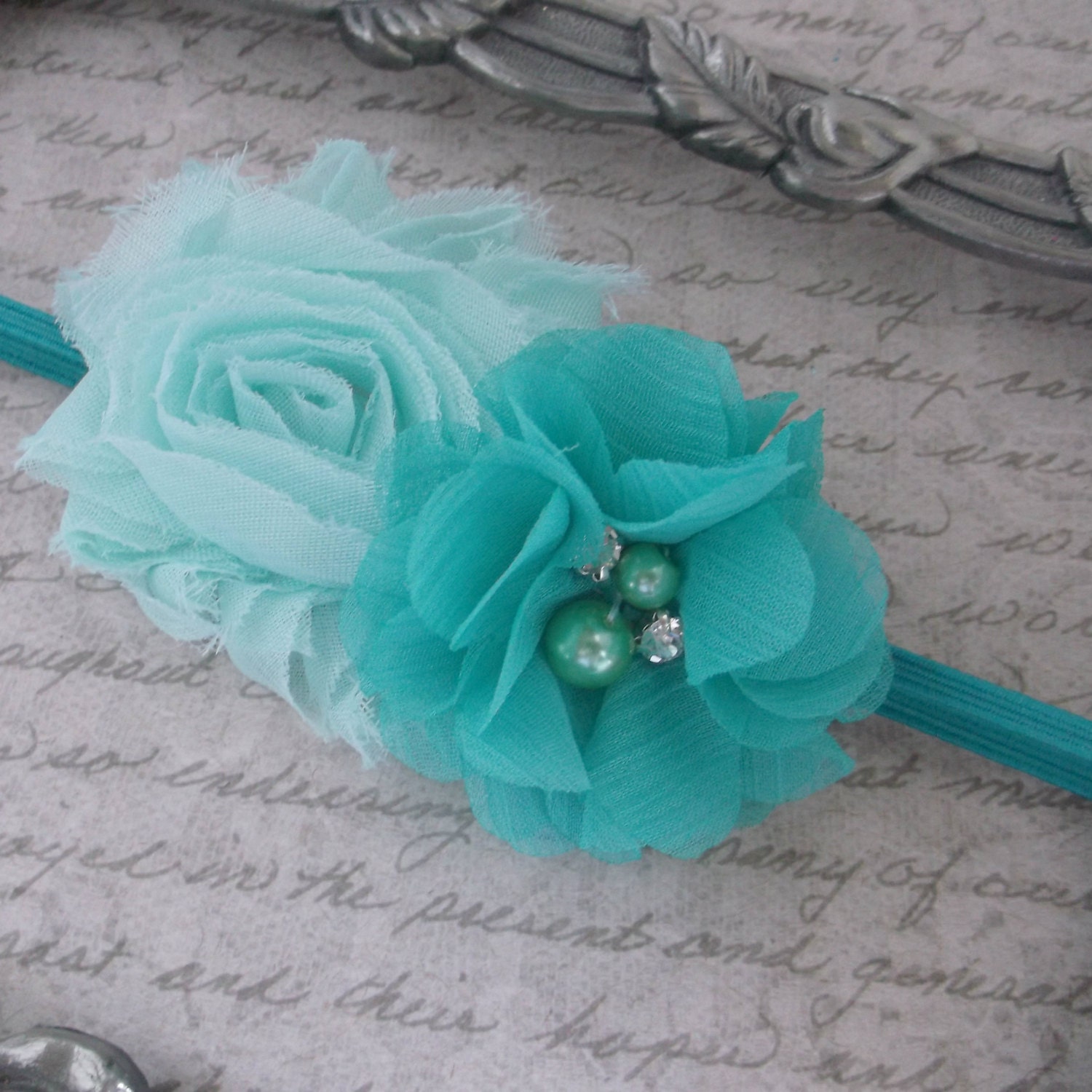 Baby Headband Teal Aqua Two Flowers Fabric by cutiepiegoodies