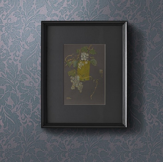 A Bunch Of Green Grapes On A Vine - Painting on paper and silk Original artwork Fruit art Kitchen Decor Still Life - mixed media art - OOAK