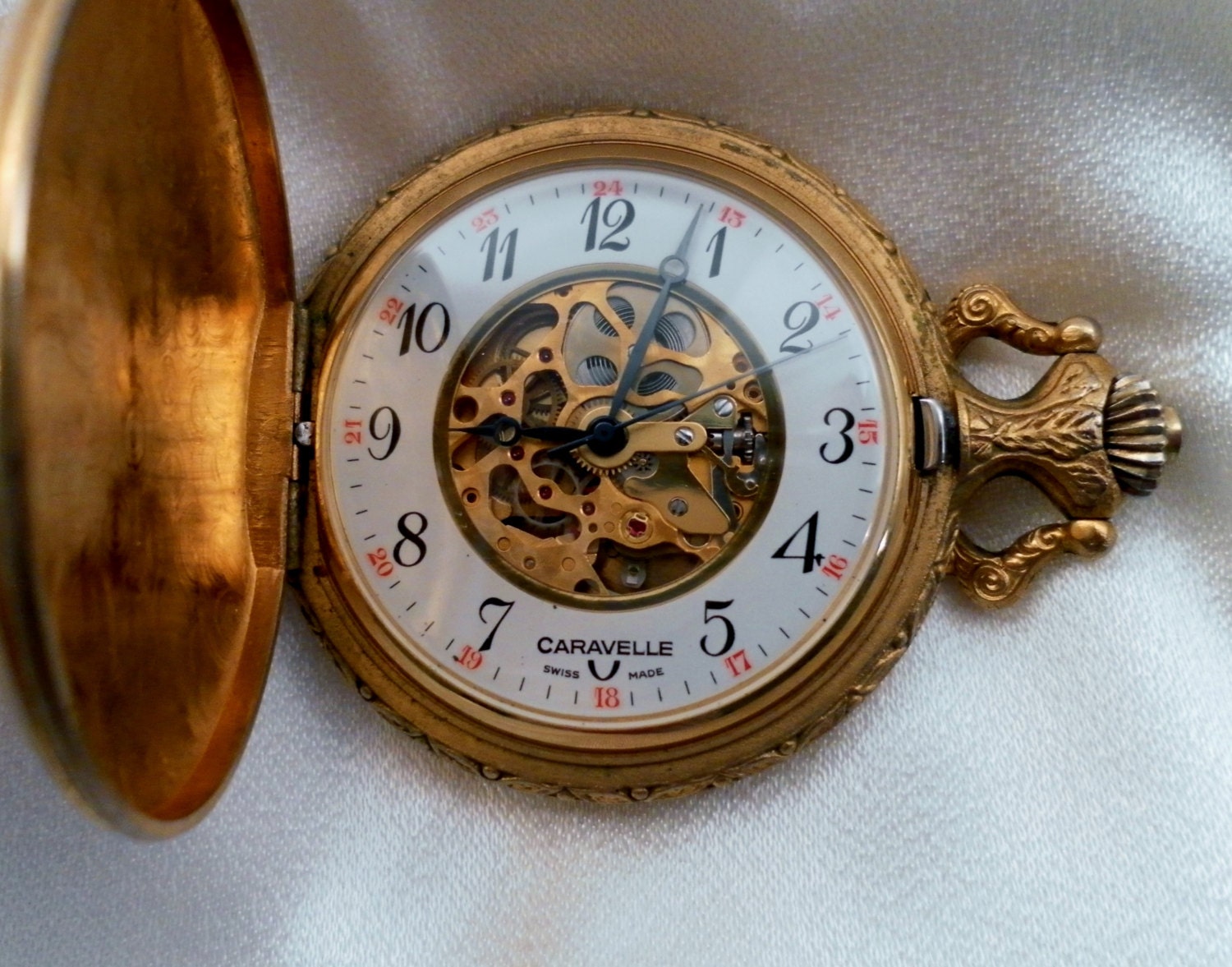 Vintage 1977 Caravelle Bulova Skeleton Pocket Watch.