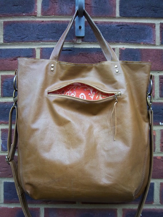 Recycled leather bag Tan leather tote with outside pocket