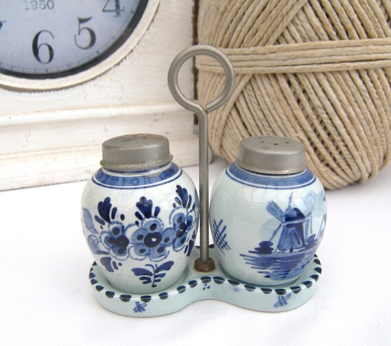 Original Delft Cruet Set Vintage Delft Salt Pepper Pots and