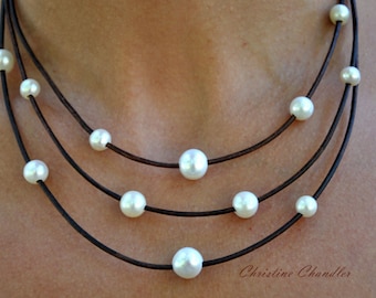 Leather and Pearl Necklace - 3 Strand Necklace - Pearl and Leather Jewelry Collection