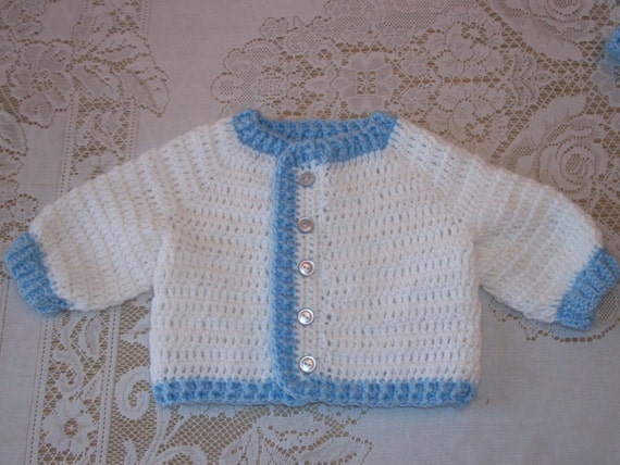 Crochet Baby Boy Outfit Layette Sweater Set in White and Blue