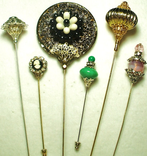 6 Antique style Victorian Hat Pins with vintage and antique