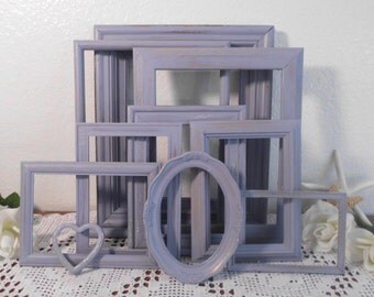 Lavender Purple Frame Set Shabby Chic Distressed Picture Photo Gallery Collection Beach Cottage French Country Farmhouse Home Decor Wedding