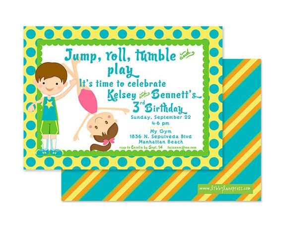 GYMNASTICS BIRTHDAY Party Invitation, TWINS, Blue/Yellow/Green, Printable Il_570xn
