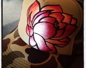 Camo trucker and hand silkscreened and hand painted ombre lotus