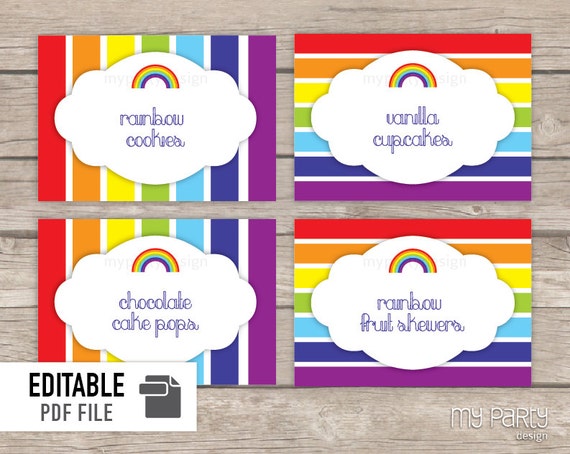 rainbow party printable editable food labels by