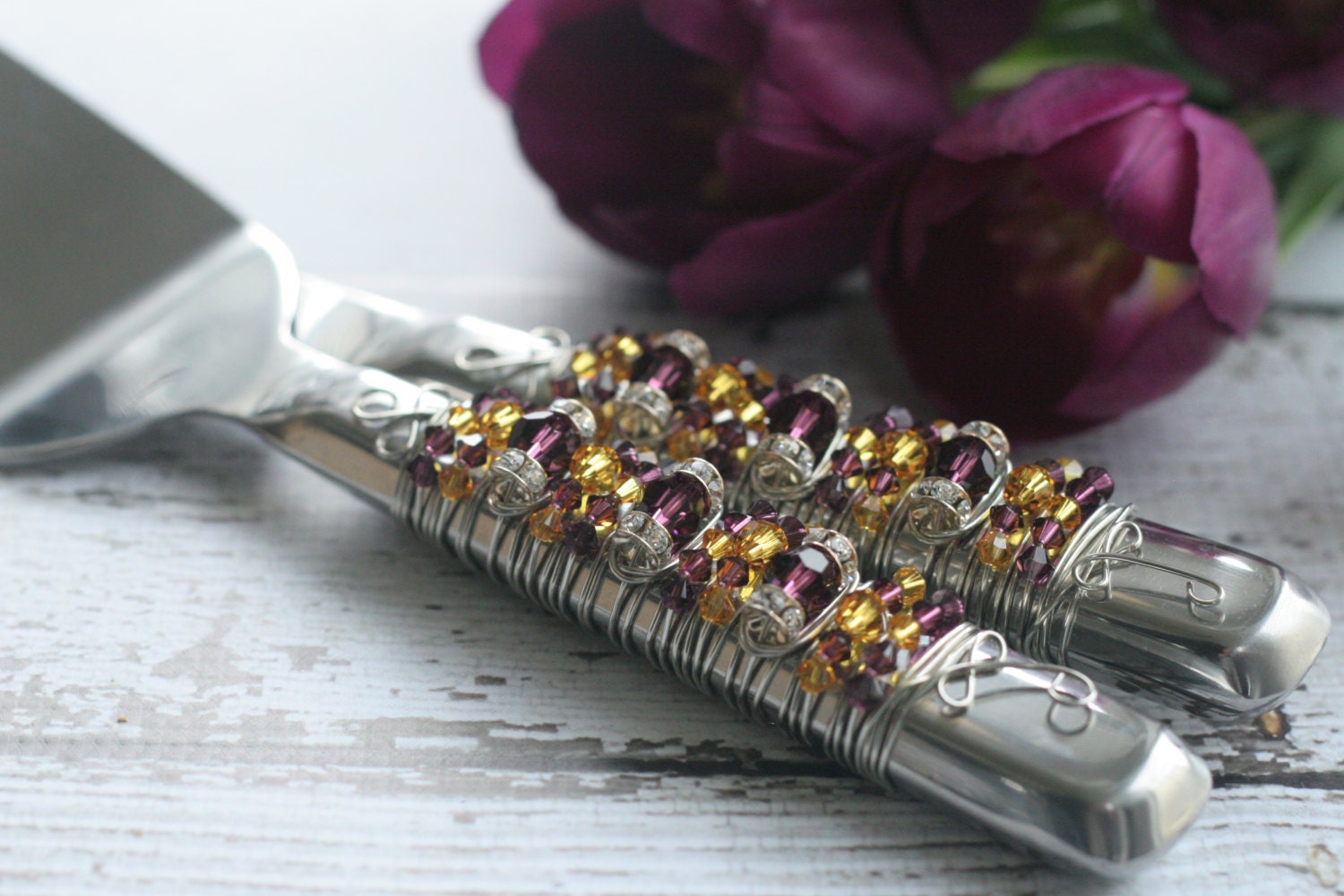  Plum  Sunflower SWARKOVSKI Beaded Wedding  Cake  Serving  Set 