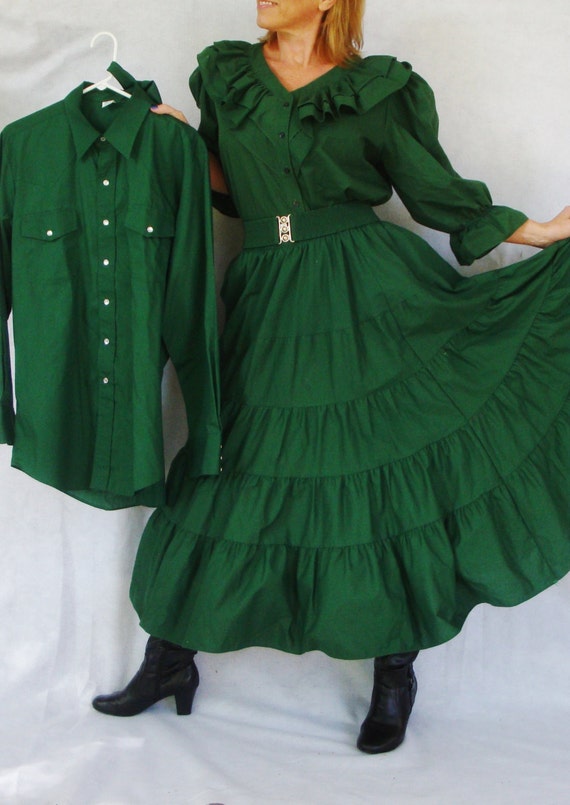 Plus Size Vintage Square Dancing Dress Hunter Green Ruffle