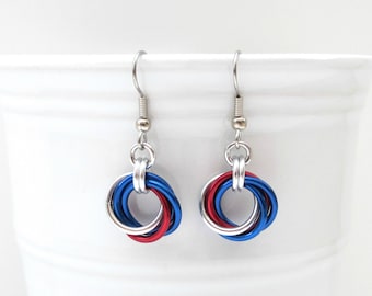 Red, white and blue chainmail Love Knot earrings, American patriotic jewelry
