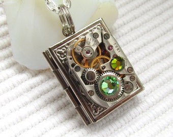 Steampunk book locket necklace vintage watch movement Swarovski crystals Silver locket Unique gift ideas Gift for Her Womens gift ideas