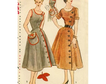 1950s Style Asymmetrical Button Up Dress with Contrast Piping Custom Made in Your Size From a Vintage Pattern