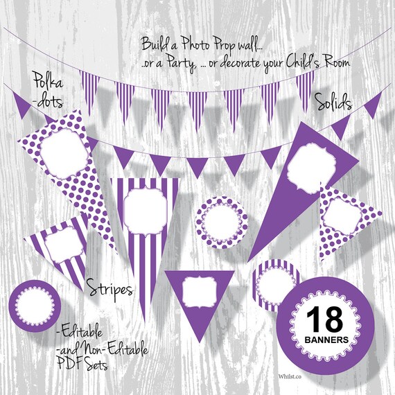 SALE Banner Party Banner PDF Editable Purple Stripe Polka Dot Pennants boy girl 3 Sizes 18 Banners : BA0201 3s3450 Il_570xn