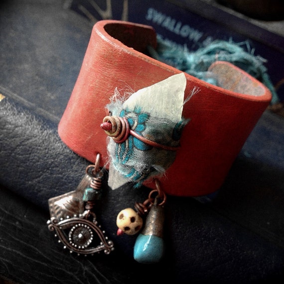 Items similar to Vegan leather cuff with silk wrapped green quartz