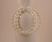 Ecru Off White Beaded Glass Pearl Hoop Earrings with Silver Plated Accents