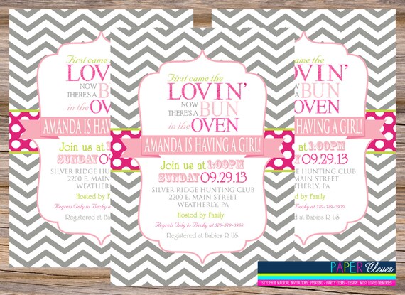 Girls Baby Shower Invitation - bun in oven, pink, typography- digital, printable #9110 Il_570xn