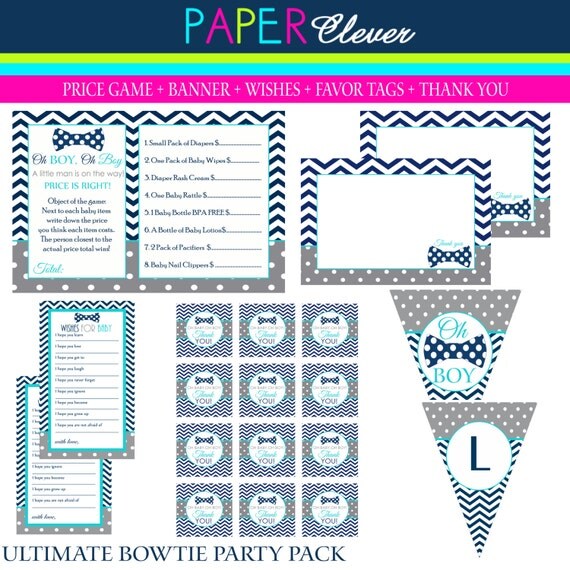 Bowtie Baby shower party pack, wishes, thank you, banner, game, favor tag - INSTANT DOWNLOAD #4521 Il_570xn