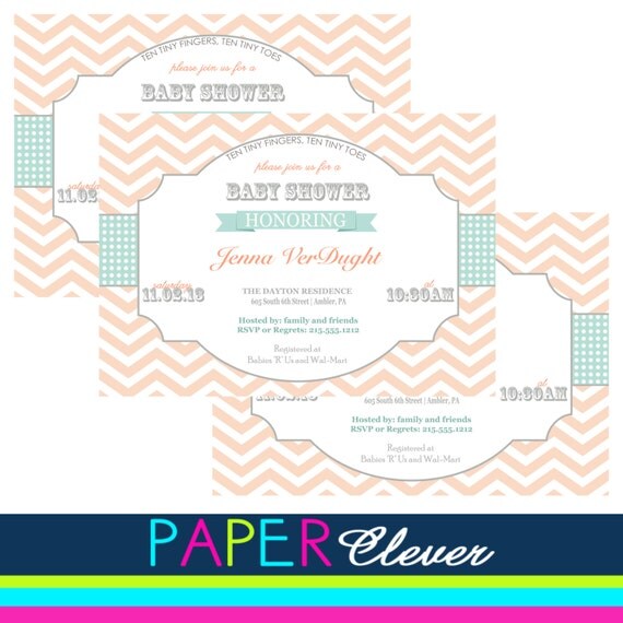 Shabby chic girls baby shower invitation, coral, grey & mint - digital file, printable #932 Il_570xn