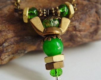 Antique Bronze and Forest Green Beaded Wing Nut Angel Necklace
