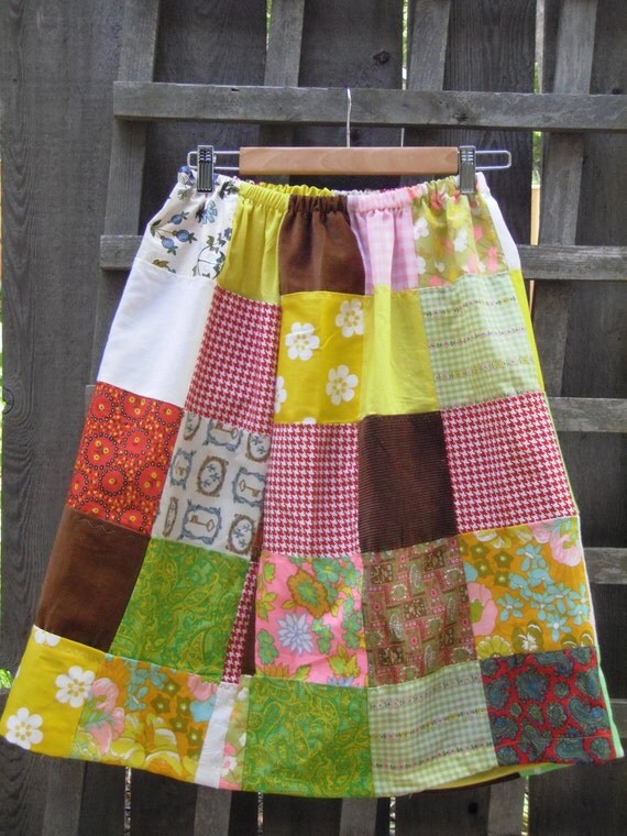 Funky Patchwork Eco Skirt Below the Knee/ Upcycled Skirt/