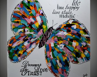 32" Original Abstract Butterfly Painting Acrylic Painting Impasto Palette Knife Handmade by Carola, 32"x32"